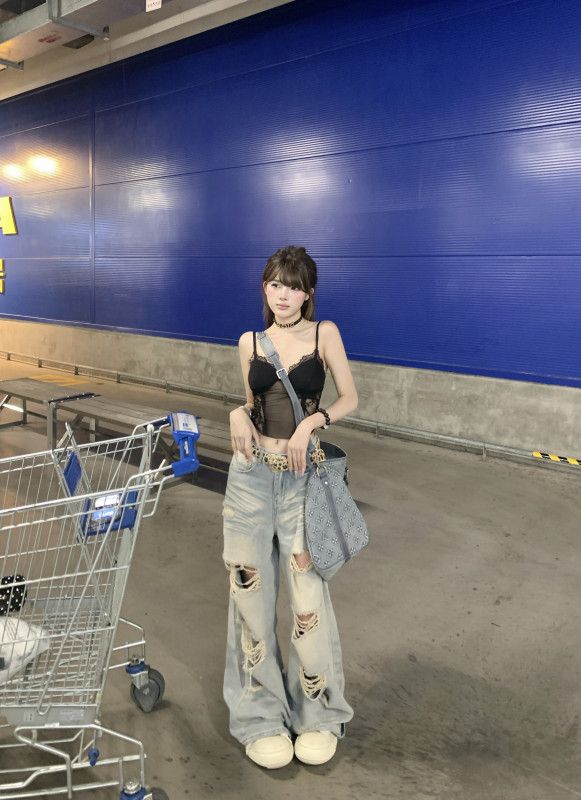 여성 캐주얼 스트릿 데일리 워싱 데미지 찢어진 와이드 롱 데님 팬츠 루즈핏 청바지 사계절 봄 여름 가을 겨울 - 상세 이미지 2