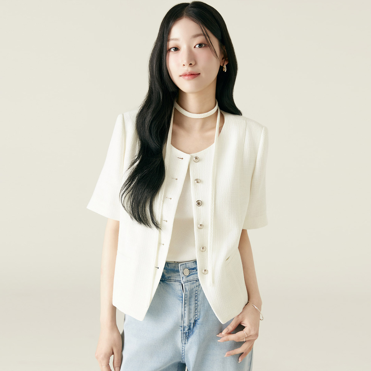 [N판매자배송] 로엠 올데이 버튼업 칼라리스 트위드 반팔 자켓 RMJKF38S99 - 상세 이미지 2