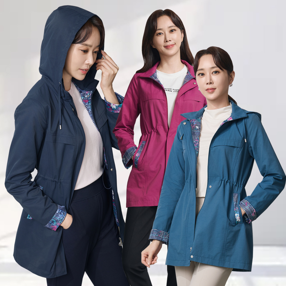 엄마옷 체크 플라워 후드 자켓 배색 프린세스라인 허리 스트링 중년여성 60대 50대 40대 선물 - 메인 이미지