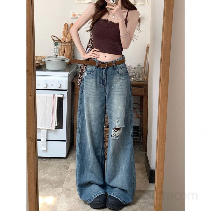 여성 하이웨스트 찢어진 워싱 와이드핏 데님 롱 청바지 루즈핏 빈티지 스트릿 캐주얼 트렌디 데일리 Y2K 캠퍼스룩 봄 여름 가을 코디 팬츠 - 상세 이미지 5