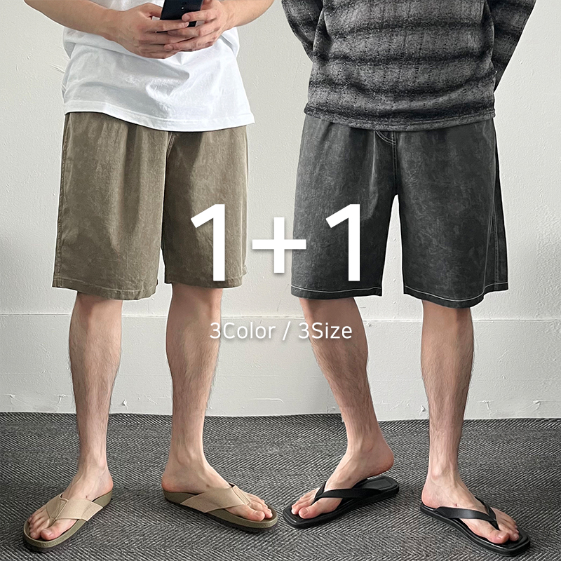1+1 남자청반바지 데님반바지 밴딩 워싱 - 메인 이미지
