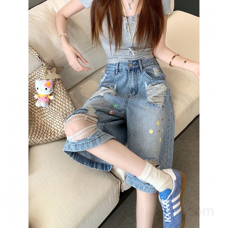 여성 빈티지 워싱 찢어진 와이드핏 오부 데님 팬츠 청반바지 데미지 숏팬츠 캐주얼 데일리룩 봄 여름 코디 - 상세 이미지 5