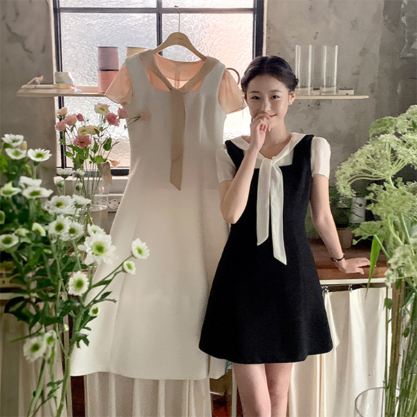 셀리 2기장 트위드 스퀘어넥 A라인 민소매 미니 원피스 op16140