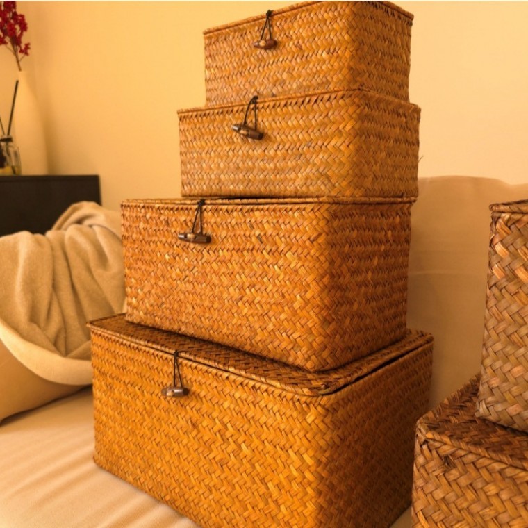 피크닉 수건 보관함 라탄 트레이 대형 박스 사각 뚜껑 바구니