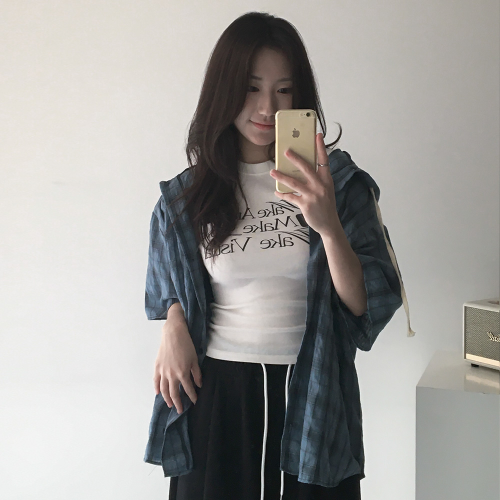 오버핏 체크 후드 반팔 남방 체형커버 빅사이즈 캐주얼 학생 캠퍼스룩 셔츠 4color - 상세 이미지 2