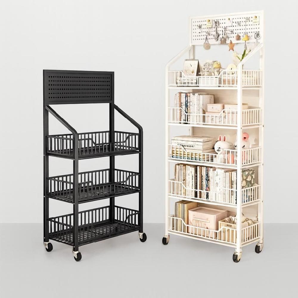 이동식 소품진열대 철제 상품 전시대 다용도 선반 흰색 50cm 3단 (후크10+바퀴4) - 메인 이미지