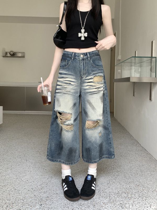 여성 와이드 크롭진 여름 찢어진 디자인 데일리 캐주얼 청바지 시원한 착용감 워싱 페인팅 스타일 편안한 외출용 팬츠 - 상세 이미지 2