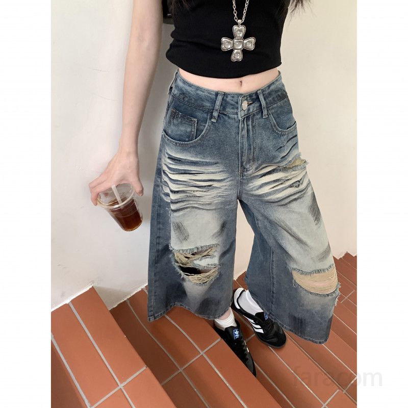 여성 와이드 크롭진 여름 찢어진 디자인 데일리 캐주얼 청바지 시원한 착용감 워싱 페인팅 스타일 편안한 외출용 팬츠 - 상세 이미지 4