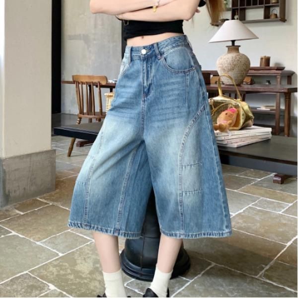 여성 여름 워싱 데님 7부 와이드 크롭 청바지 빈티지 루즈핏 캐주얼 데일리 쿨링 팬츠 봄 여름