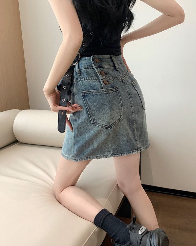 여성 하이웨스트 미니 데님 스커트 짧은 청치마 A라인 캐주얼 오피스룩 출근룩 데일리 데이트룩 캠퍼스룩 봄 여름 슬림핏 - 상세 이미지 2