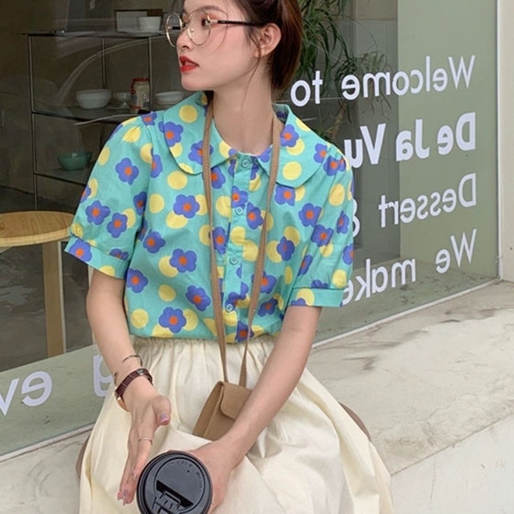 레트로 퍼프 꽃무늬 허리 허리라인 프렌치 데일리 슬릿 - 메인 이미지