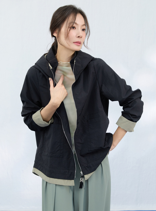 메시제이 스텔라 배색 자켓 반후드 집업 점퍼 빅사이즈 30대 여성 결혼식하객룩 오피스룩 - 상세 이미지 3