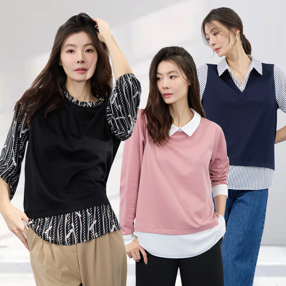 메시제이 러블리 블라우스 3종 스트라이프 레이어드 빅사이즈 30대 여성 결혼식하객룩 오피스룩 - 메인 이미지