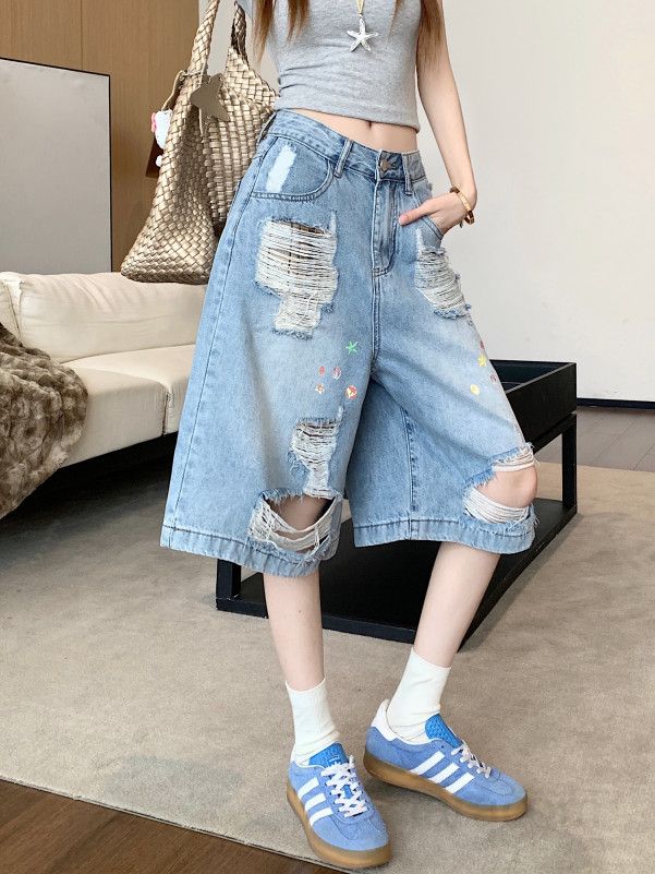 여성 빈티지 워싱 찢어진 와이드핏 오부 데님 팬츠 청반바지 데미지 숏팬츠 캐주얼 데일리룩 봄 여름 코디 - 상세 이미지 3