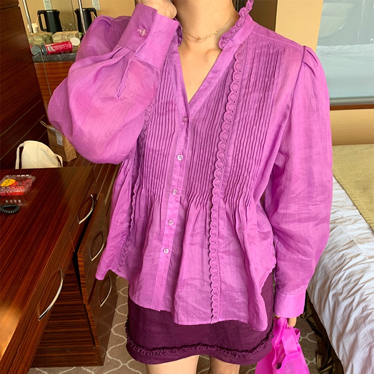 브이넥 프릴 주름블라우스 긴팔 허리라인디자인 모시린넨 예쁜 비비드 색감 여름 자주퍼플 - 상품 이미지