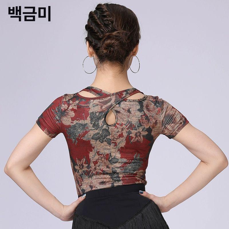 살사 반짝이 스포츠 라틴 탑 연습복 상의 공연복 댄스 별빛 꽃 상의 S - 상세 이미지 2