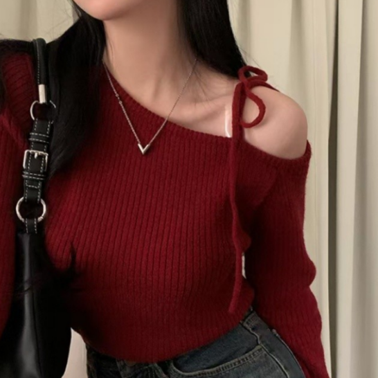오프숄더 티셔츠 여성 여름 20대 코디 봄 가을 긴팔 티 데이트 룩 여자 데일리 리본 - 상품 이미지