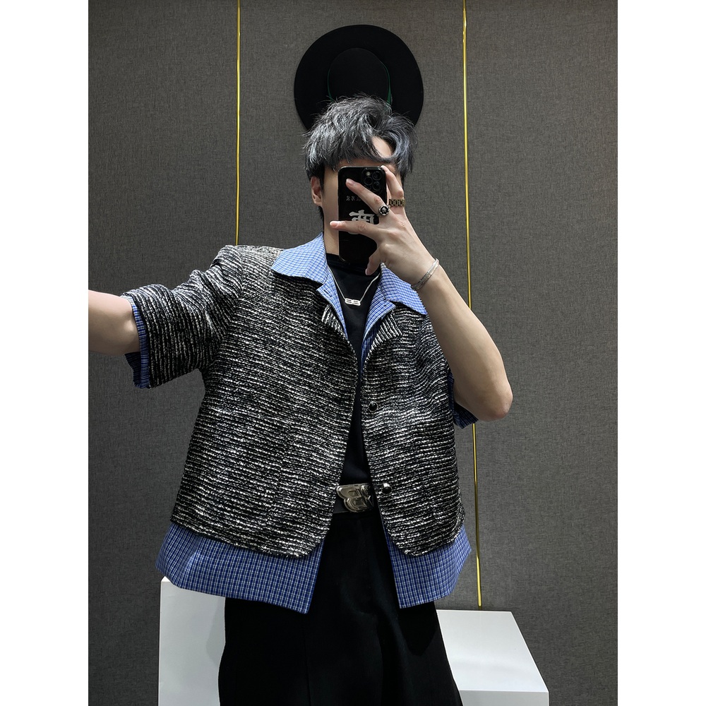 체크셔츠레이어드 가짜투피스 반팔자켓 명품느낌 빈티지 힙한 루즈핏 디자인 남자 데이트 하객룩 - 상세 이미지 3