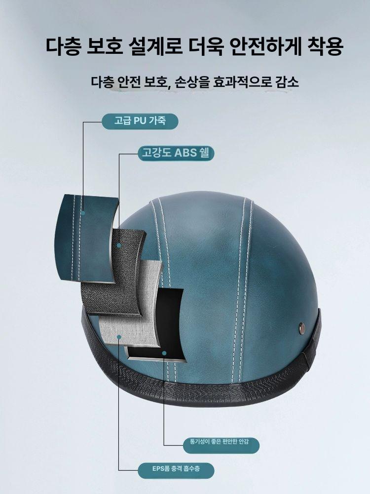 헬멧 하이바 레트로 오토바이 경량 하프 반모 스쿠터 가죽 여름 블랙 인조 악어피 M - 상세 이미지 4