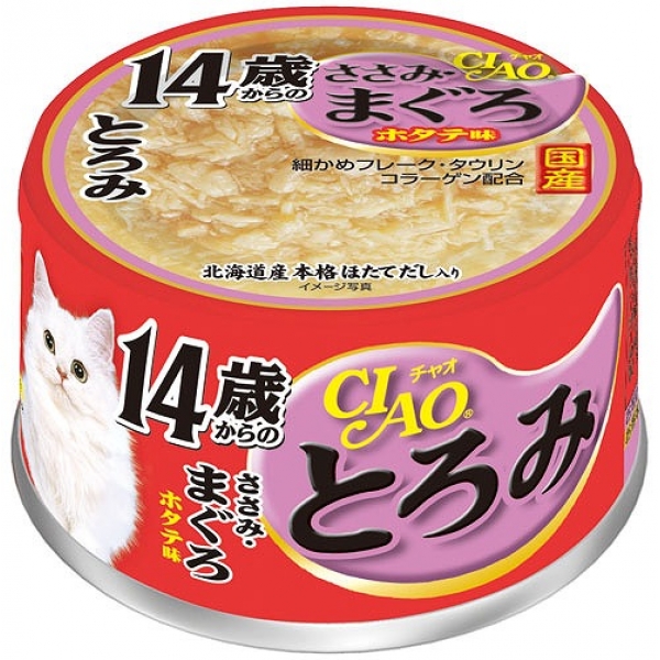 일본 닭가슴살 & 참치 가리비 맛 14세 이상용 이나바 펫푸드 CIAO 챠오 토로미 캔 80g A-54 고양이사료 - 상품 이미지