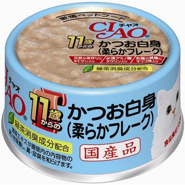일본 가다랑어 흰살 후레이크 11세 이상용 이나바 펫푸드 CIAO 챠오 캔 75g M-42 고양이사료 - 메인 이미지