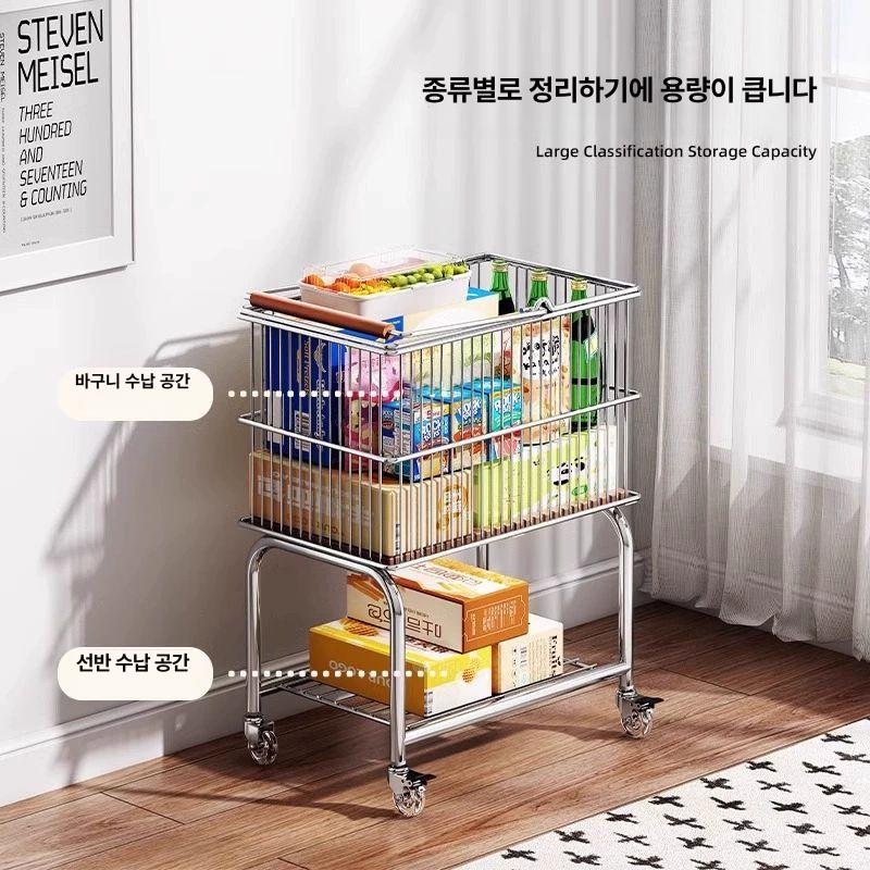 세탁카트 이동식 2단 세탁 수납 정리 트롤리 욕실 더러운옷바구니실버+크리스탈바퀴실버 - 상세 이미지 5