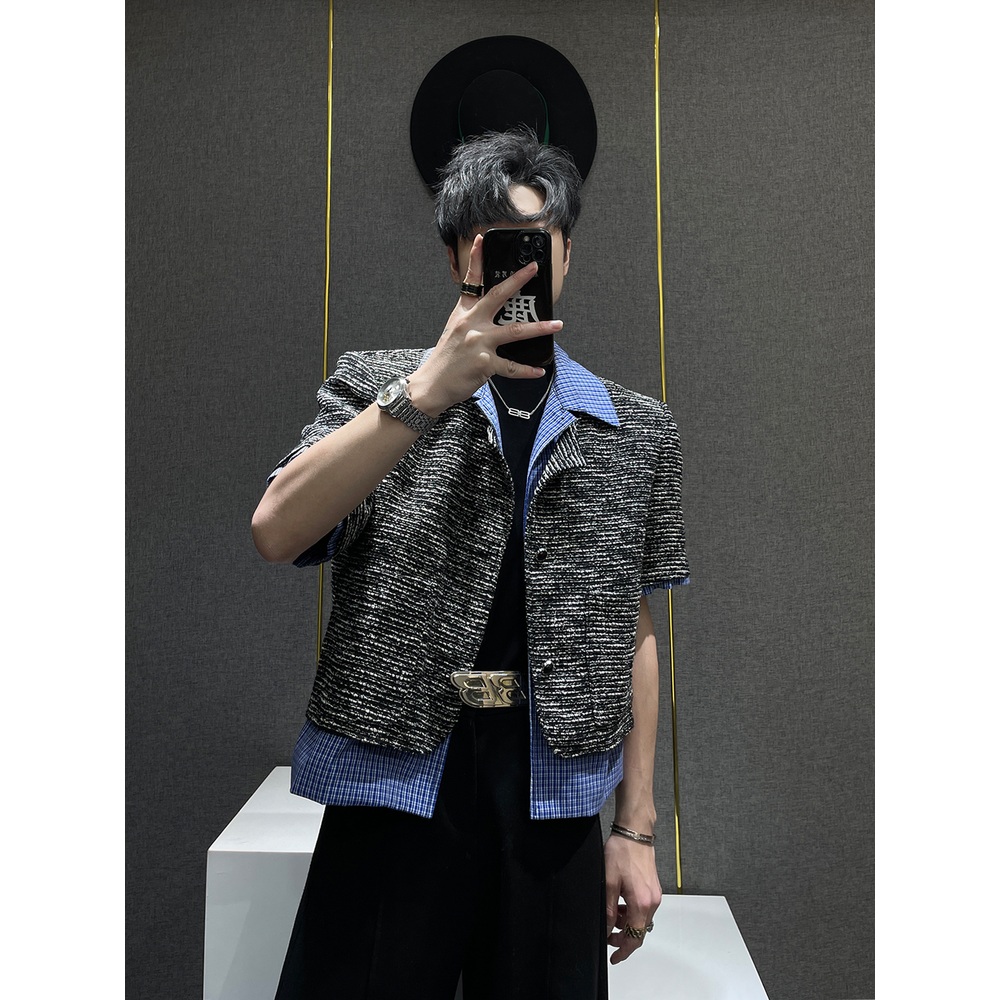 체크셔츠레이어드 가짜투피스 반팔자켓 명품느낌 빈티지 힙한 루즈핏 디자인 남자 데이트 하객룩 - 상세 이미지 5
