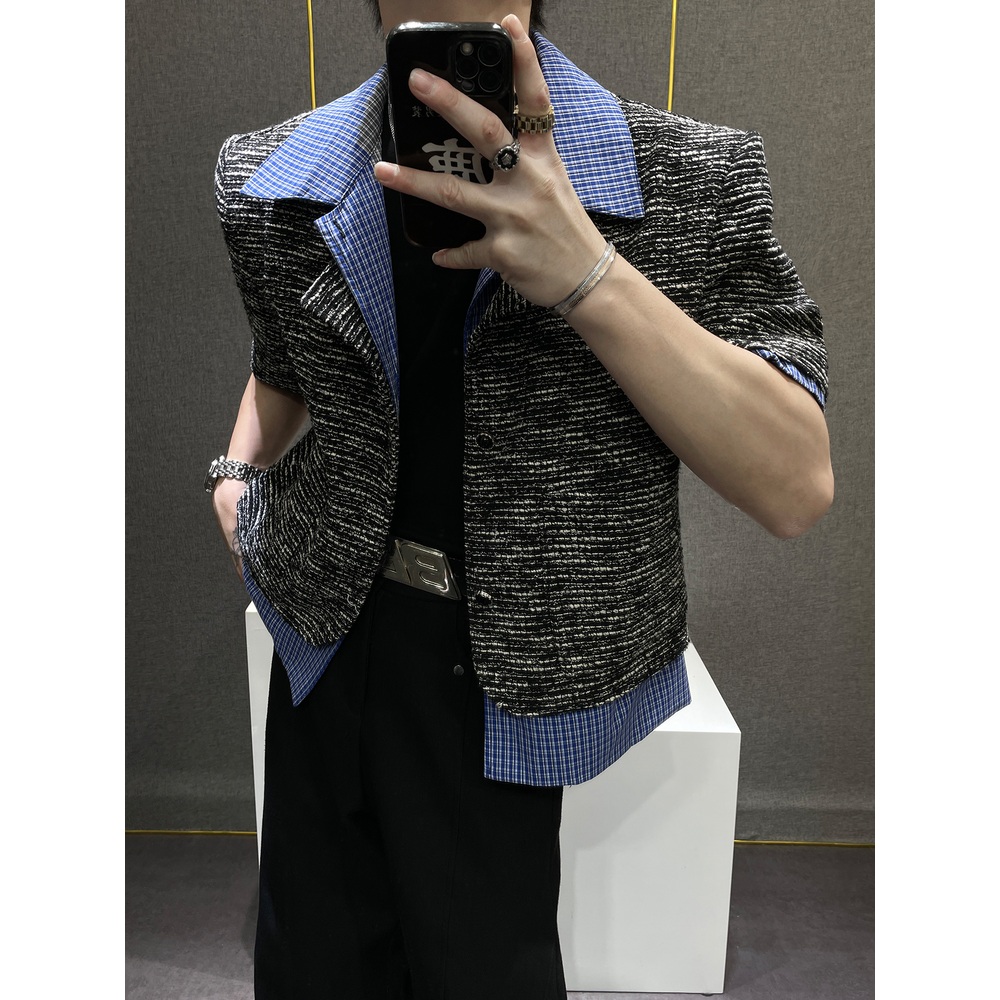 체크셔츠레이어드 가짜투피스 반팔자켓 명품느낌 빈티지 힙한 루즈핏 디자인 남자 데이트 하객룩 - 상세 이미지 2