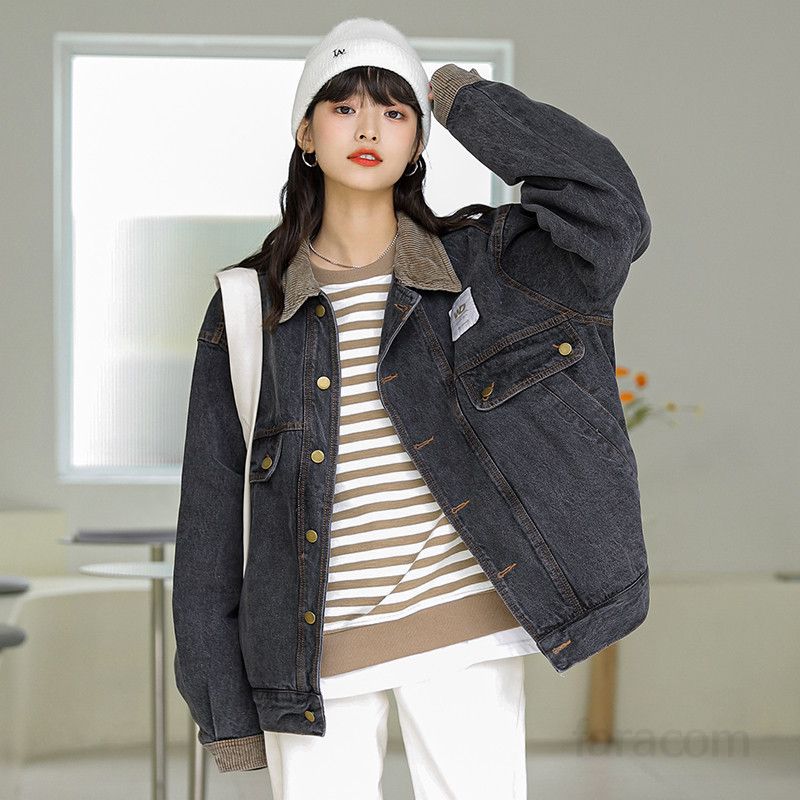 여성 블랙 그레이 데님 재킷 가을 루즈핏 캐주얼 칼라 스타일리시한 홍콩 레트로 감성 아우터 트렌디한 데일리룩