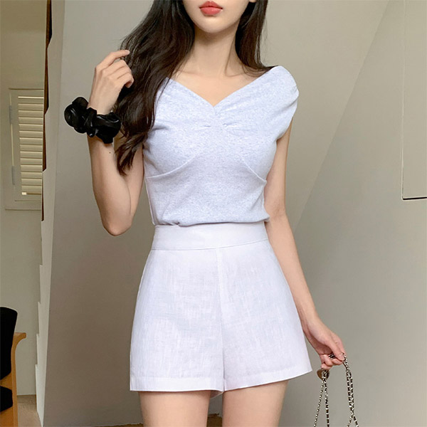 로에핀 슬림 골지 셔링 브이넥 캡슬리브 티셔츠 ts4671 - 상품 이미지
