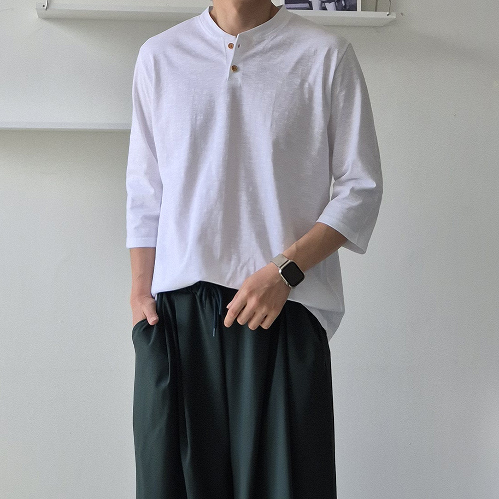 남자 반팔티 오버핏 흰색 칠부 7부 여름 티셔츠 헨리넥 반팔 - 상품 이미지