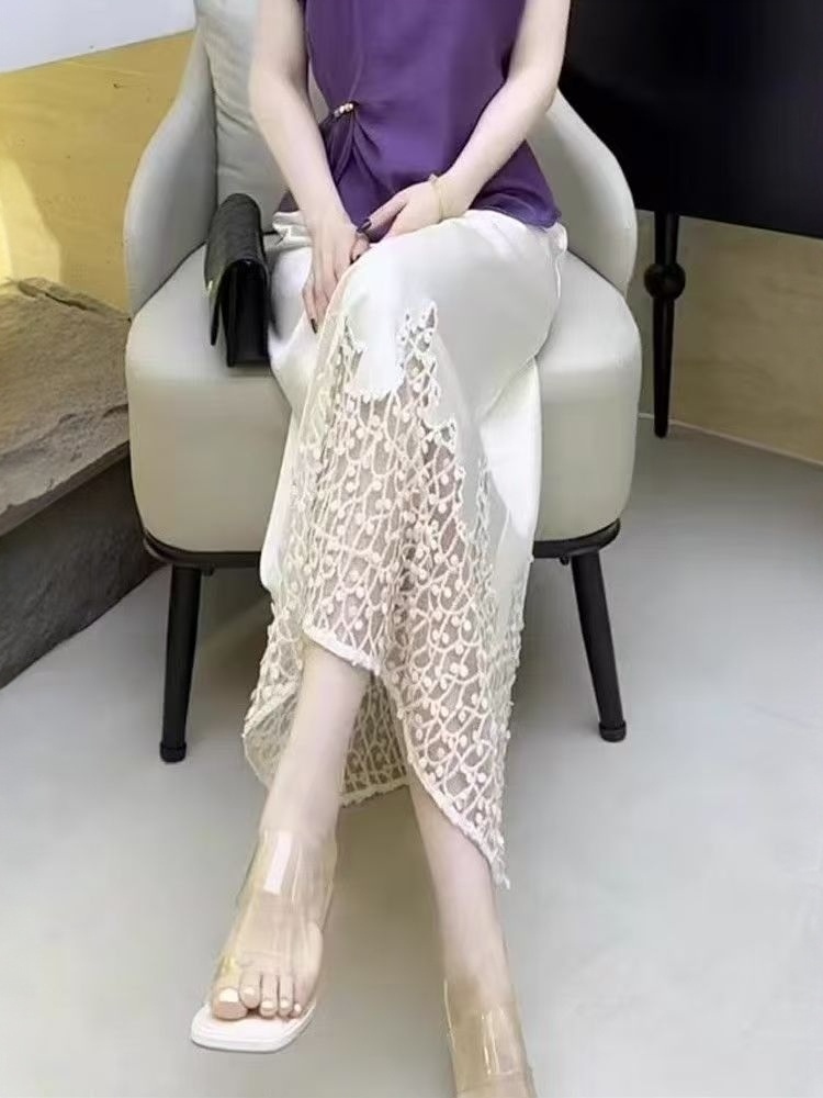 밑단레이스펀칭포인트 A라인 아세테이트롱스커트 찰랑 여름 빅사이즈 심플 클래식 3XL까지 - 상세 이미지 4
