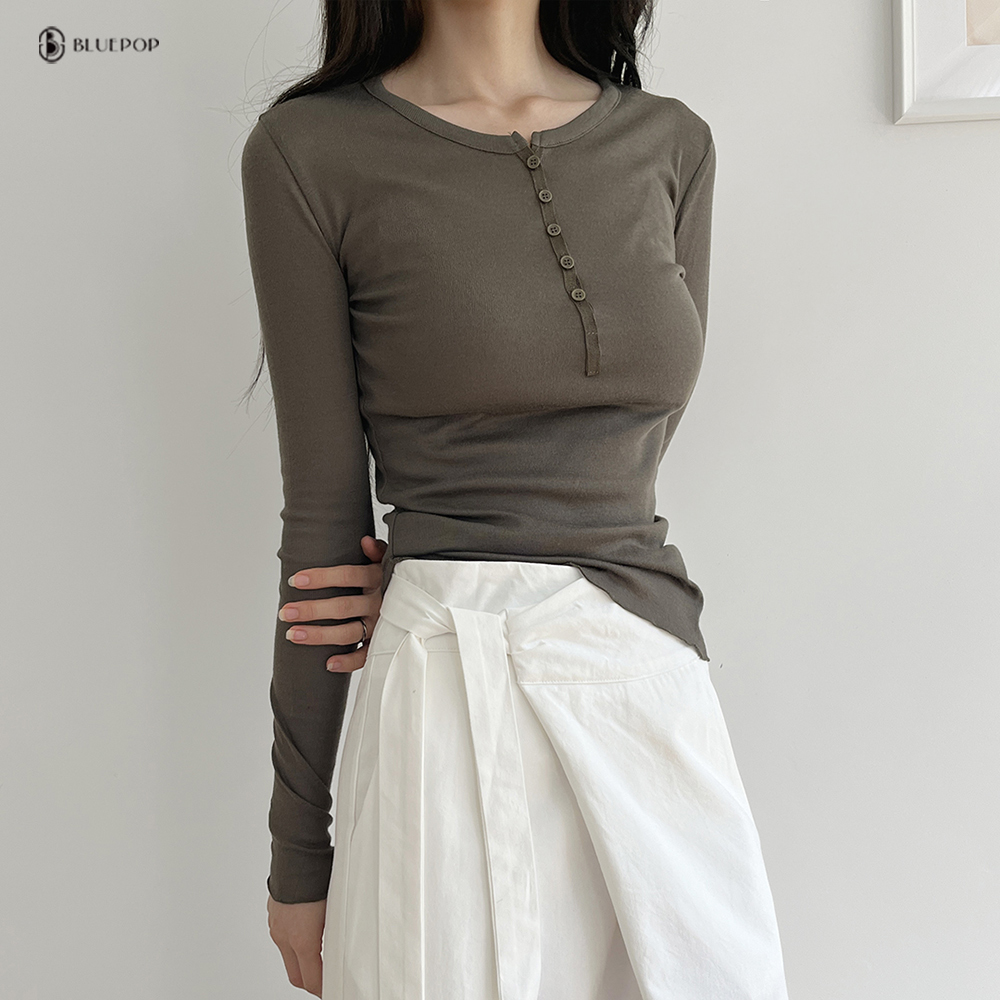 [5color]슬림 라인 브이넥 단추티 레이온 텐셀티 블랙 - 상품 이미지