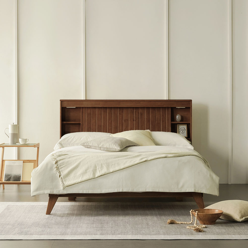 슬립퍼 비비안 원목 수납 침대 침대프레임 LED조명 템바보드 다리형 Q/K