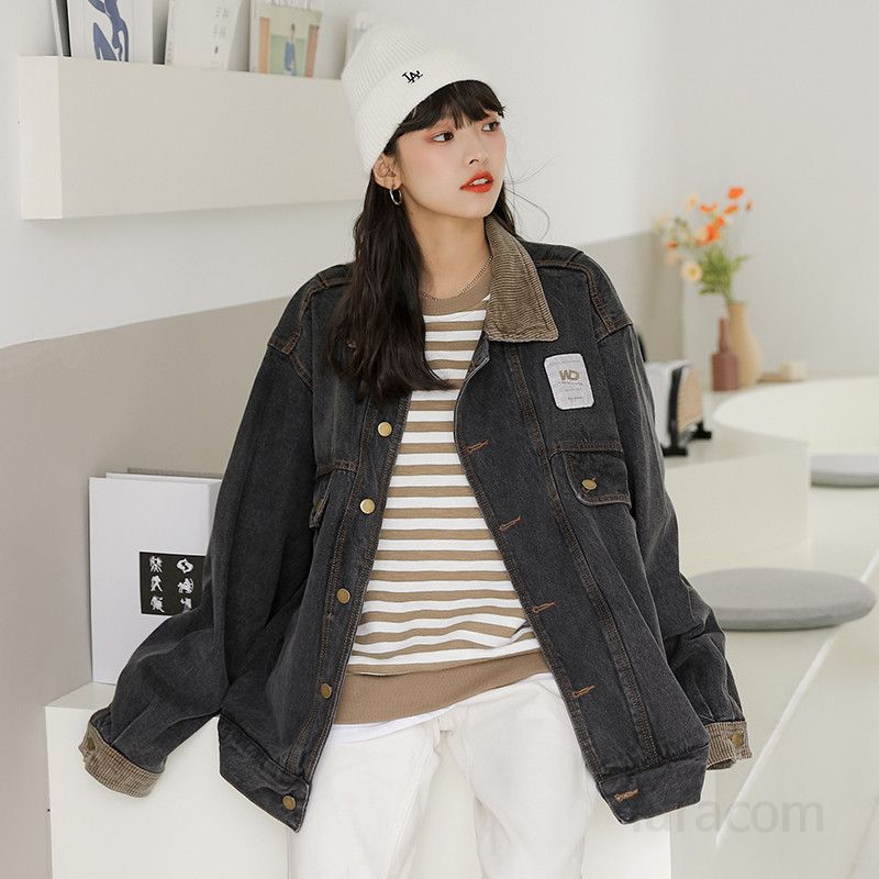 여성 블랙 그레이 데님 재킷 가을 루즈핏 캐주얼 칼라 스타일리시한 홍콩 레트로 감성 아우터 트렌디한 데일리룩 - 상세 이미지 2