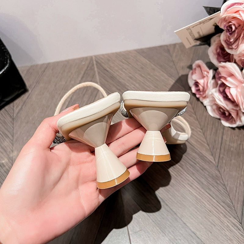 여름 스트랩 큐빅 빅사이즈 미소페 키높이 킬힐 구두 베이지화이트 4.5cm 굽높이 - 상세 이미지 5
