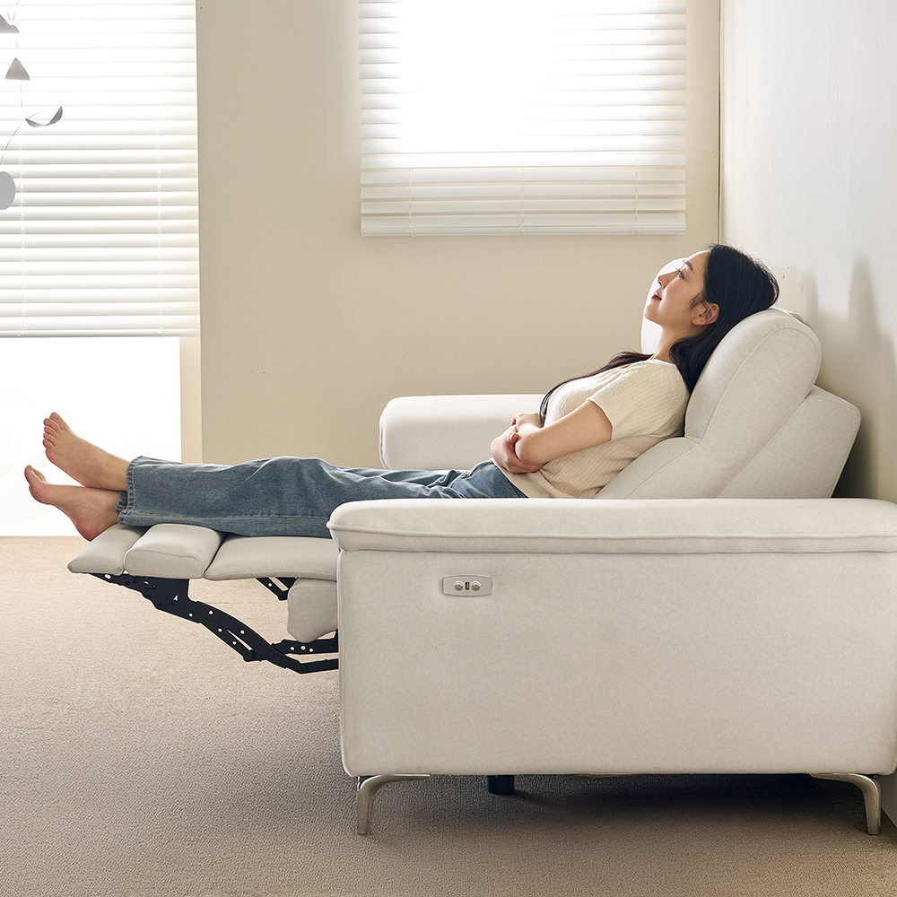 토스카 전동 무빙 리클라이너 아쿠아텍스 패브릭 소파 스툴미포함, 아이보리, 3인용