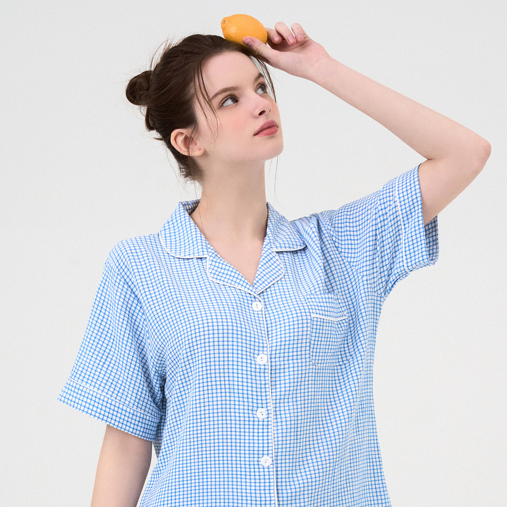 도씨 시어서커 체크 반팔 파자마 세트 커플잠옷 여름 홈웨어