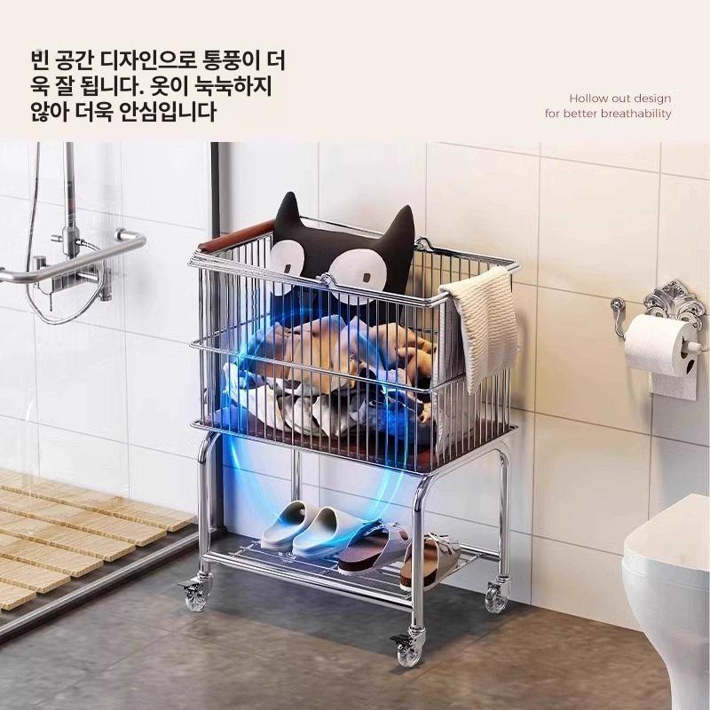 세탁카트 이동식 2단 세탁 수납 정리 트롤리 욕실 더러운옷바구니실버+크리스탈바퀴실버 - 상세 이미지 3
