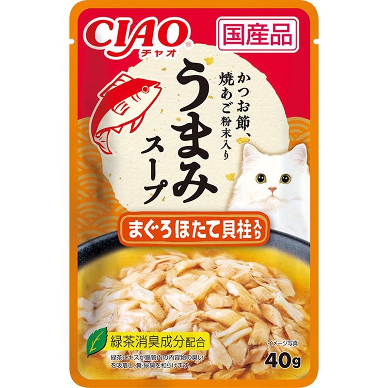 일본 참치 & 가리비 조개관자 함유 이나바 펫푸드 CIAO 챠오 감칠맛 스프 파우치 40g IC-353 고양이사료 - 상품 이미지