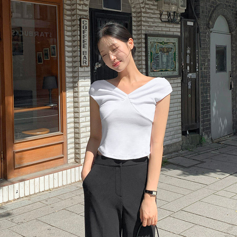 로에핀 슬림 골지 셔링 브이넥 캡슬리브 티셔츠 ts4671 - 상세 이미지 3