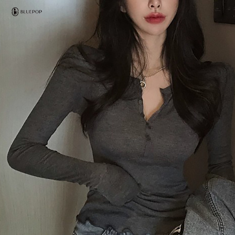 [5color]슬림 라인 브이넥 단추티 레이온 텐셀티 블랙 - 상세 이미지 4