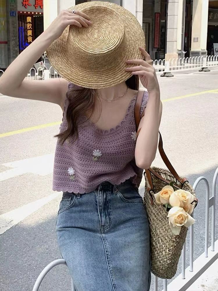크로쉐조끼 뷔스티에 손뜨개 트렌치 여름뜨게조끼 바이올렛 - 상품 이미지