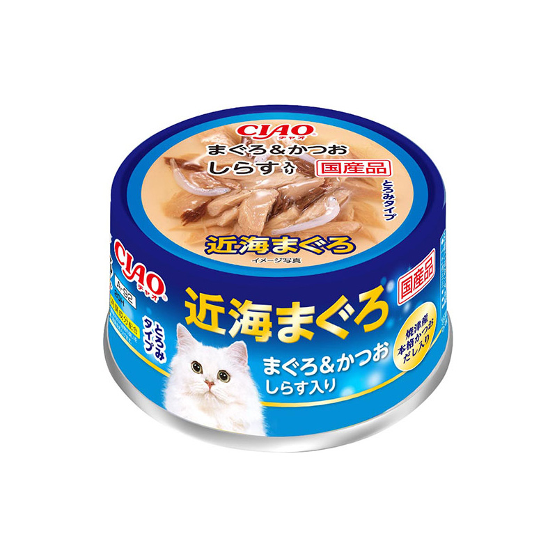 일본 근해 참치 가다랑어 멸치 포함 이나바 펫푸드 CIAO 챠오 캔 80g A-92 고양이사료 - 상품 이미지