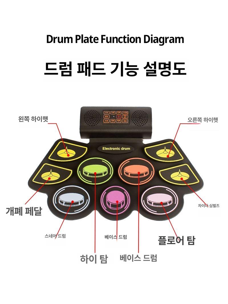 휴대용 전자 드럼 연습기 패드 연습용드럼 컬러 드럼+이어폰+드럼스틱+더블 페달 - 상세 이미지 2