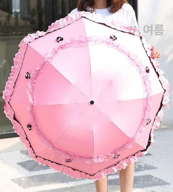 복고풍 양산 화려한 장우산 우아한 접이식 가벼운 화려한 핑크--입체꽃 공주 우산 - 상품 이미지