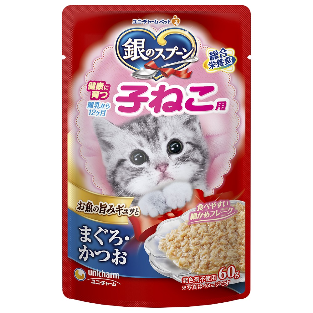 일본 참치 가다랑어 새끼 고양이용 유니참 은의스푼 긴노스푼 파우치 60g 고양이사료 - 상품 이미지