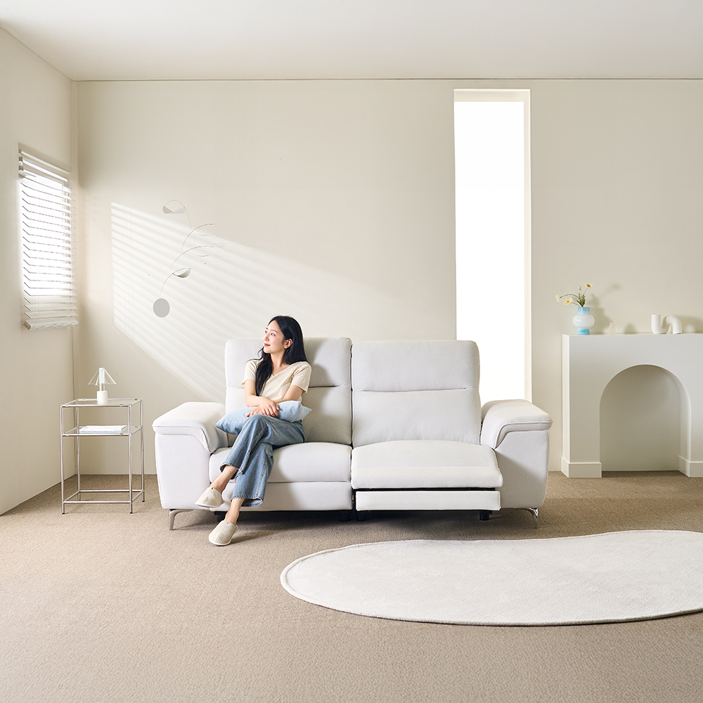 토스카 전동 무빙 리클라이너 아쿠아텍스 패브릭 소파 스툴미포함, 아이보리, 3인용