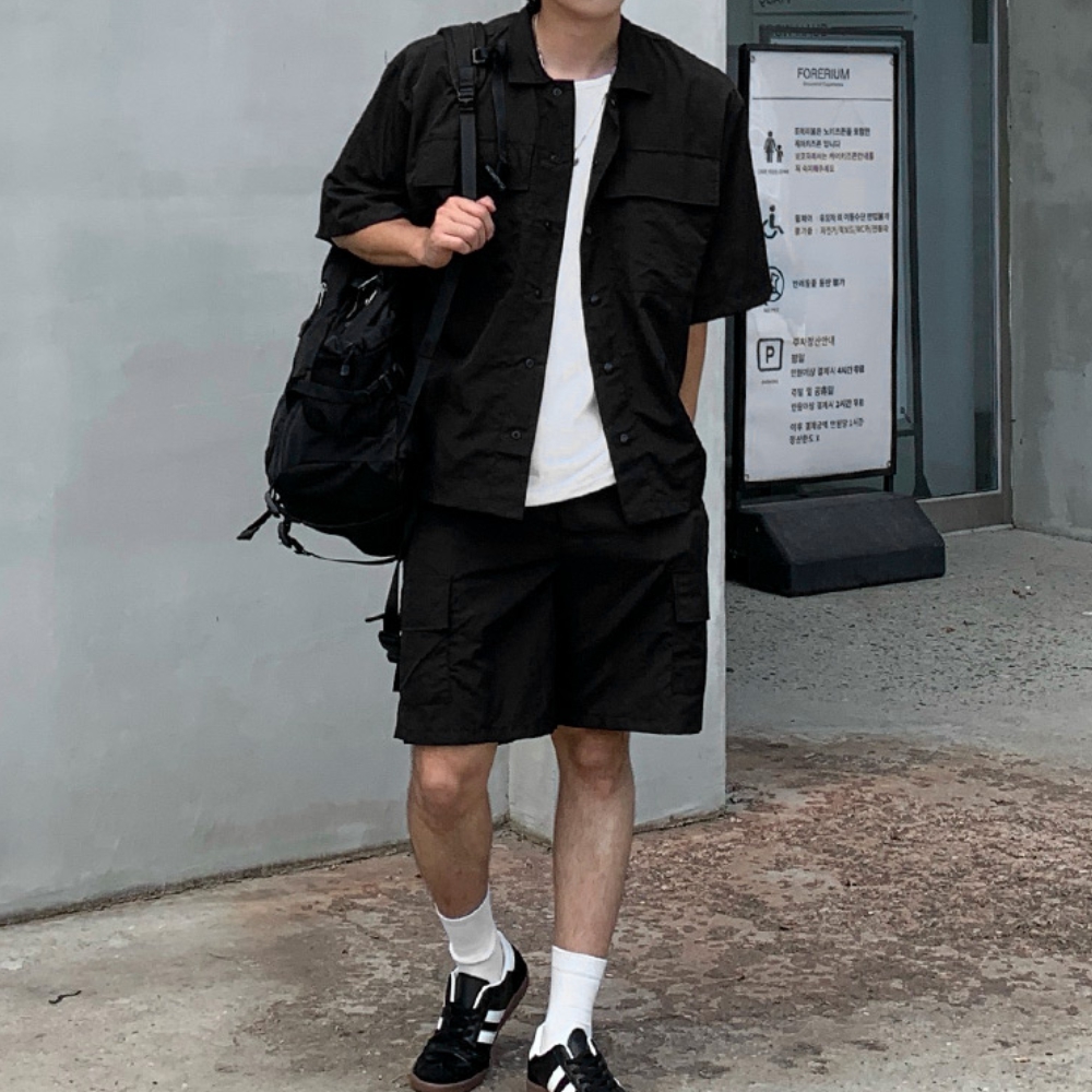 남자 도카 오버핏 여름 포켓 반팔셔츠 카고 반바지 셋업 세트 - 메인 이미지