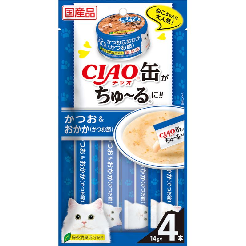 일본 가다랑어 & 가쓰오부시 이나바 펫푸드 CIAO 챠오 캔 츄르 14g x 4개 고양이사료 - 상품 이미지